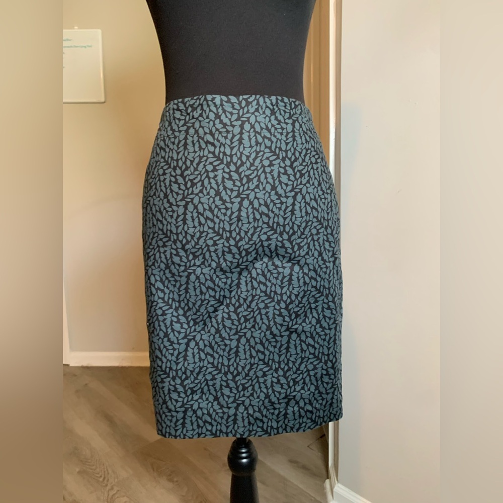 LOFT Black Pencil Skirt with Teal Leaf Print